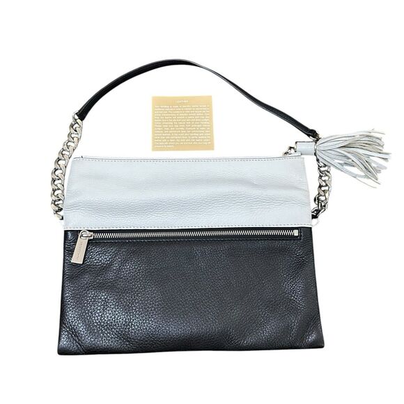 Michael Kors Tonne Black White Silver Pebble Leather Foldover Clutch Bag Tassel